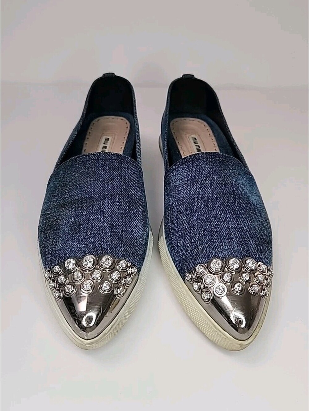 Miu Miu Loafers Denim Bling Women's Sneakers 7 36 Embellished Shoes Point Toe